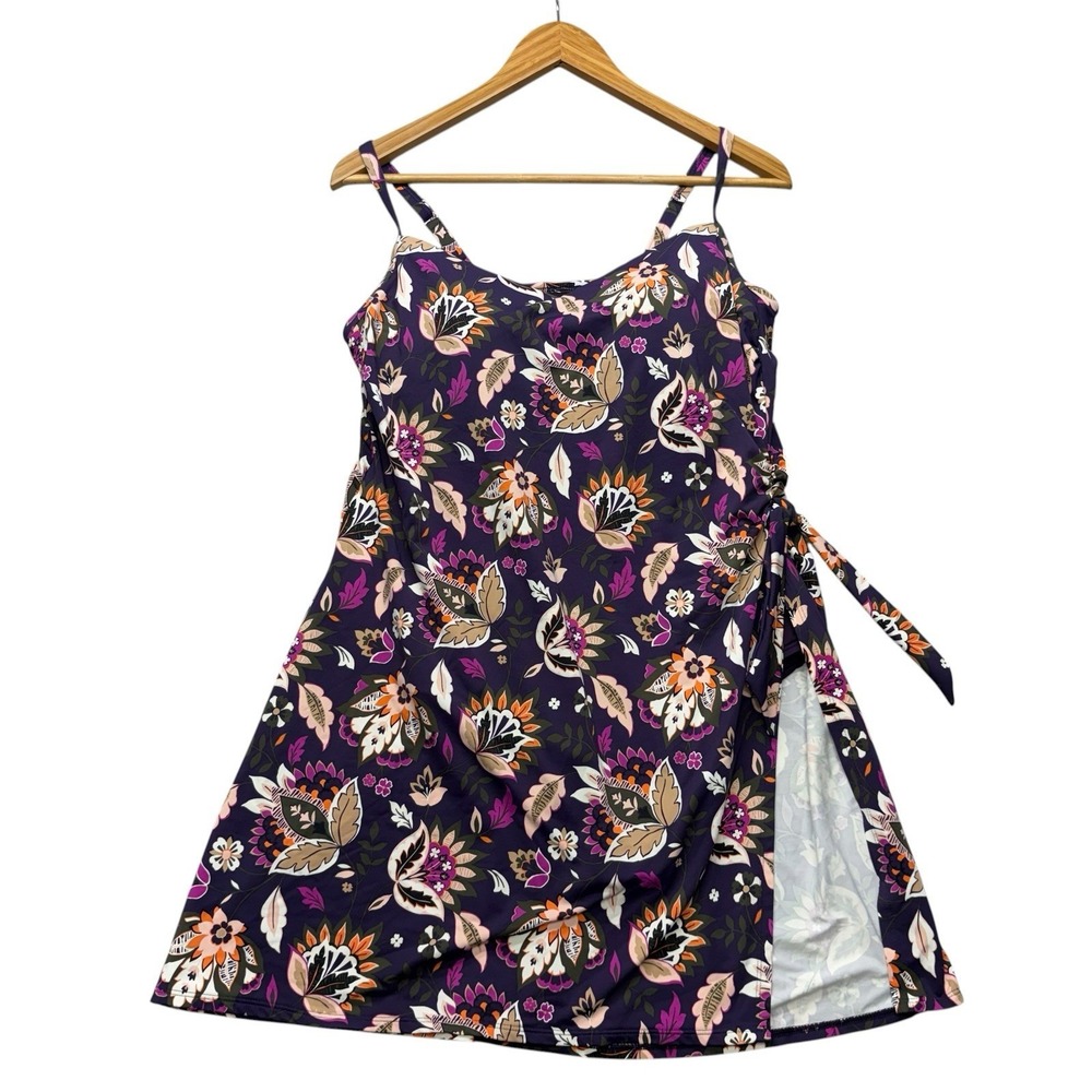 Lands End Womens Swim Dress 14 Purple Floral Swimsuit One Piece Modest Colorful
